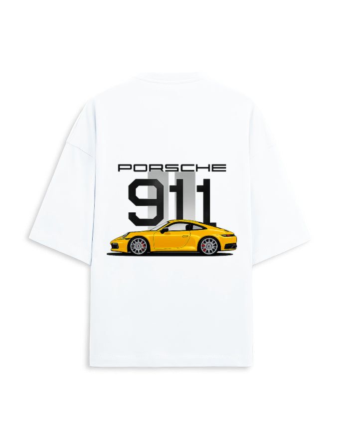 Plain white oversized terry tee back view, no print