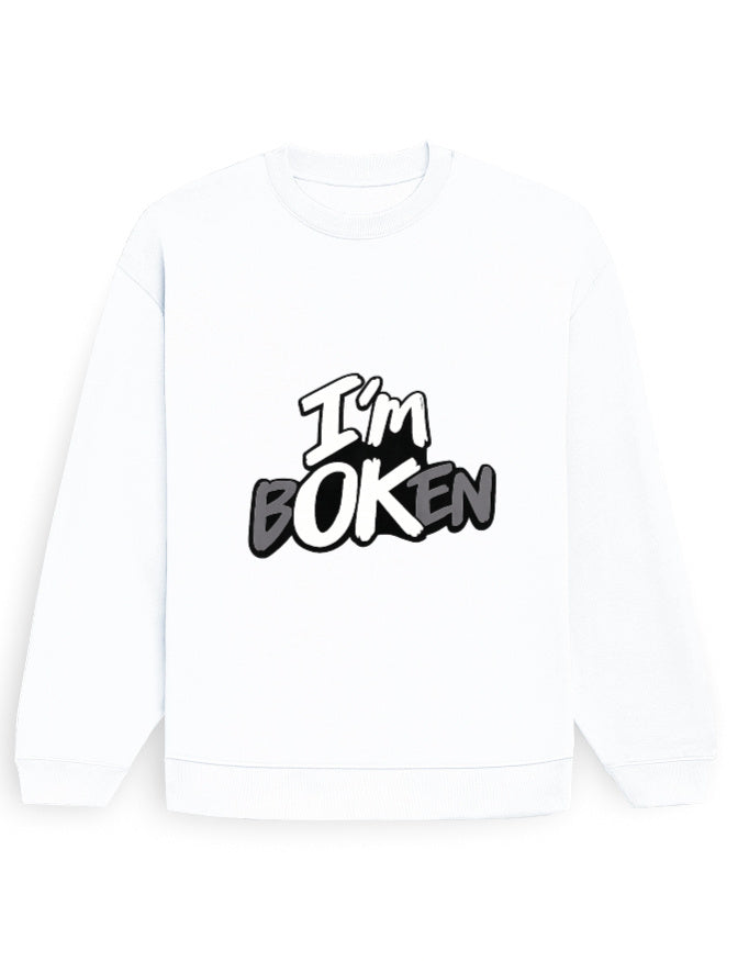 White oversized sweatshirt with graffiti-style 'I'm bOKen' text print on the chest