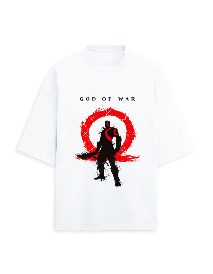 White oversized terry tee with a warrior silhouette inside a red circular emblem graphic print on the chest, front view