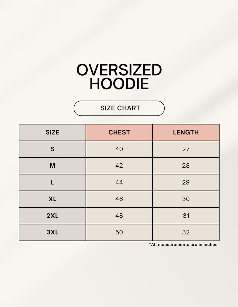 House of Anit size chart for Unisex Oversized Hoodie.