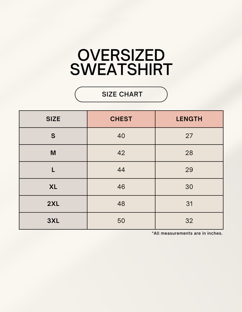 House of Anit size chart for Unisex Oversized Sweatshirt