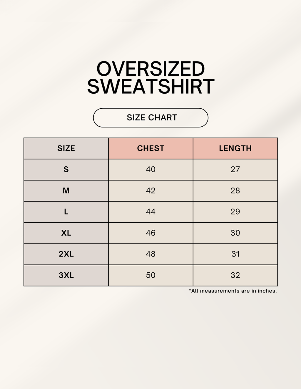 House of Anit size chart for Unisex Oversized Sweatshirt