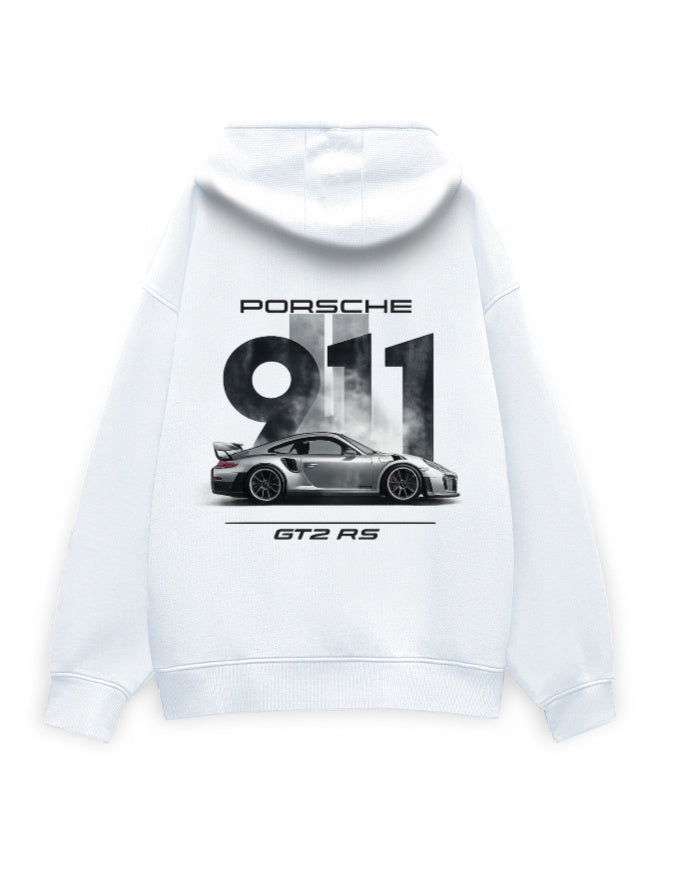 Plain white oversized hoodie back view, no print