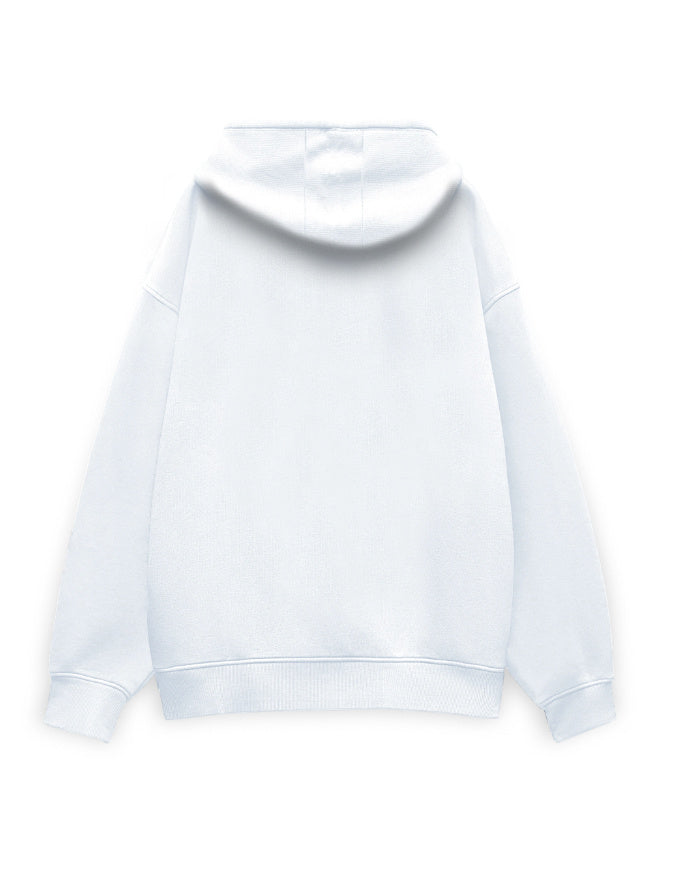 Plain white unisex oversized hoodie, back view - no print, dropped shoulders and ribbed hem visible.