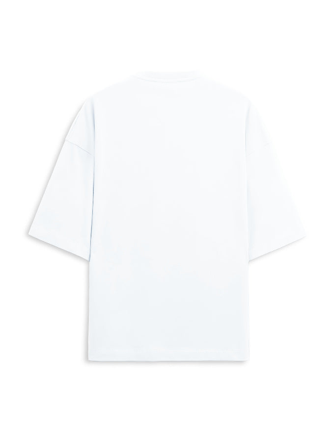 Plain white oversized terry tee back view, no print