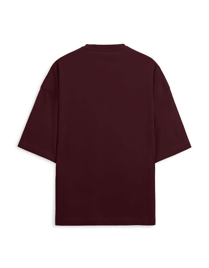 Plain maroon oversized terry tee, back view, no print