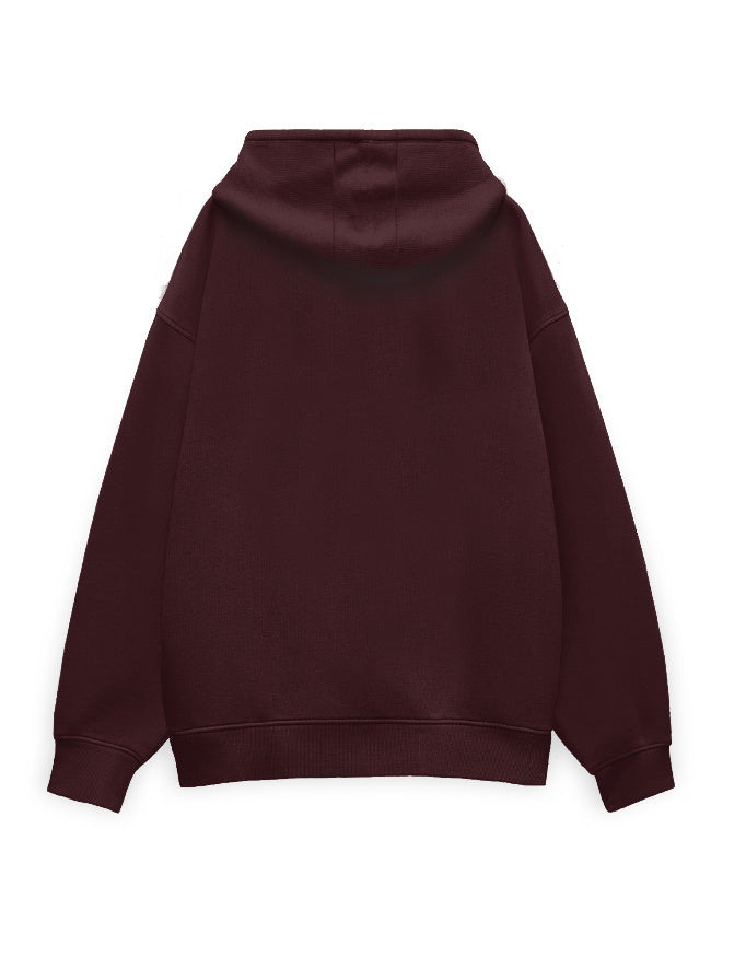 Plain white unisex oversized hoodie, back view - no print, dropped shoulders and ribbed hem visible.