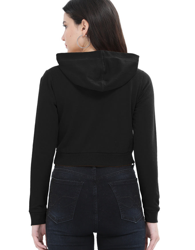 Back view of plain black cropped hoodie for women