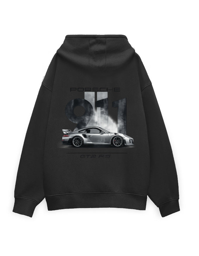 Back view of white oversized hoodie showing boxy fit and dropped shoulders