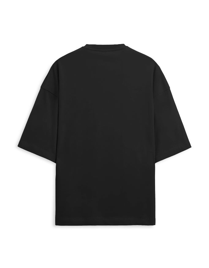 Plain white oversized terry tee back view on model