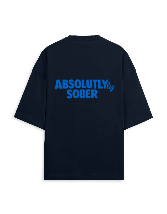 Plain navy blue oversized terry tee, back view, no print