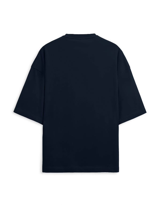 Plain navy blue oversized terry tee, back view, no print