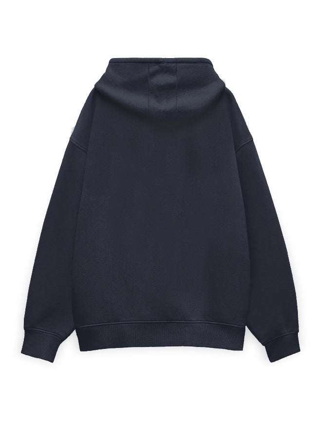 Plain white unisex oversized hoodie, back view - no print, dropped shoulders and ribbed hem visible.