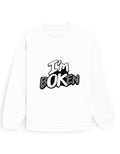White oversized sweatshirt with graffiti-style 'I'm bOKen' text print on the chest