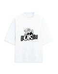 White oversized terry tee front view with black and grey "I'm bOKEN" graffiti-style chest print