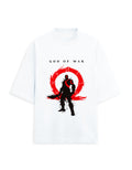 White oversized terry tee with a warrior silhouette inside a red circular emblem graphic print on the chest, front view