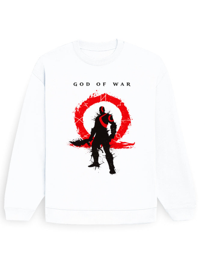 White oversized sweatshirt with red and black warrior emblem graphic on the chest