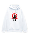 White oversized hoodie with black warrior silhouette inside a red ring emblem graphic print on the chest, front view