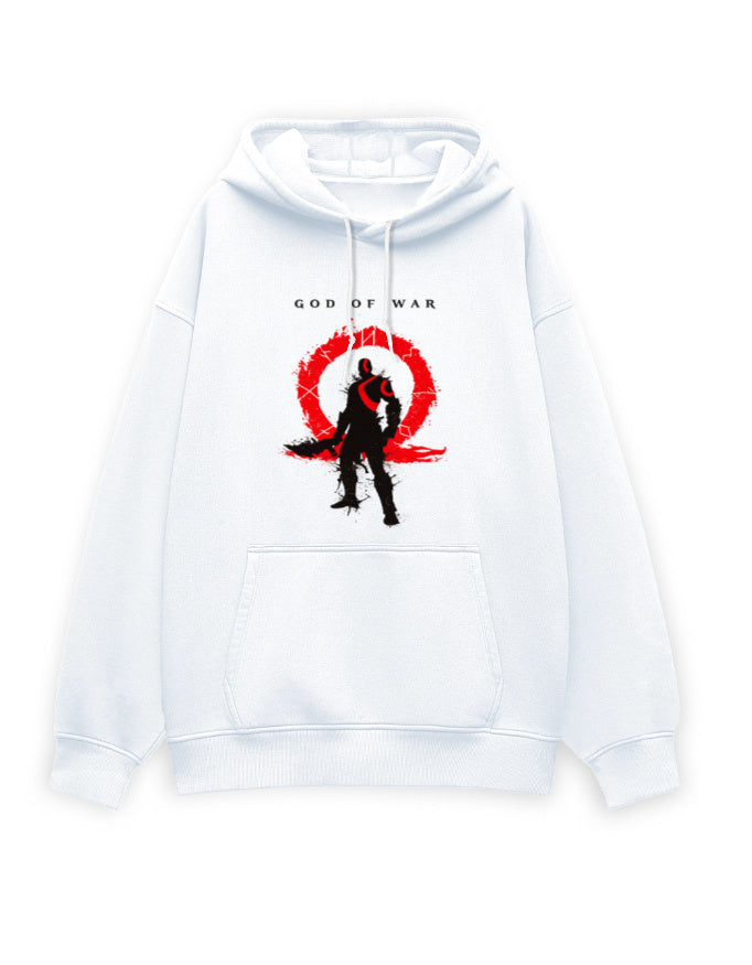White oversized hoodie with black warrior silhouette inside a red ring emblem graphic print on the chest, front view