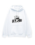 White unisex oversized hoodie with bold graffiti-style text on the chest reading 'I'm Boken' in black and gray with a cracked lettering effect.