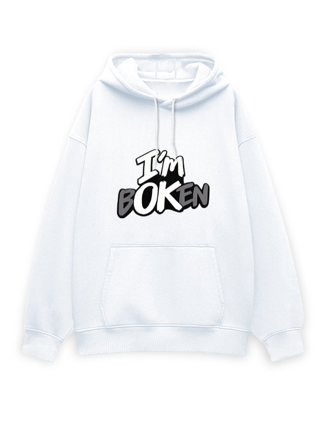 White unisex oversized hoodie with bold graffiti-style text on the chest reading 'I'm Boken' in black and gray with a cracked lettering effect.