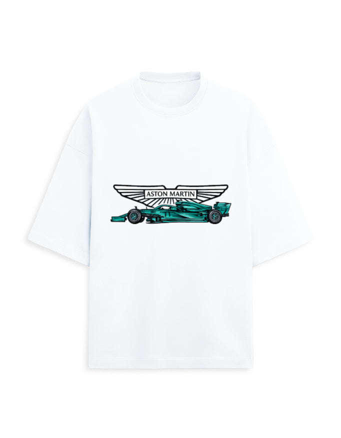 White oversized terry tee with a racing car graphic and winged emblem print on the chest, front view