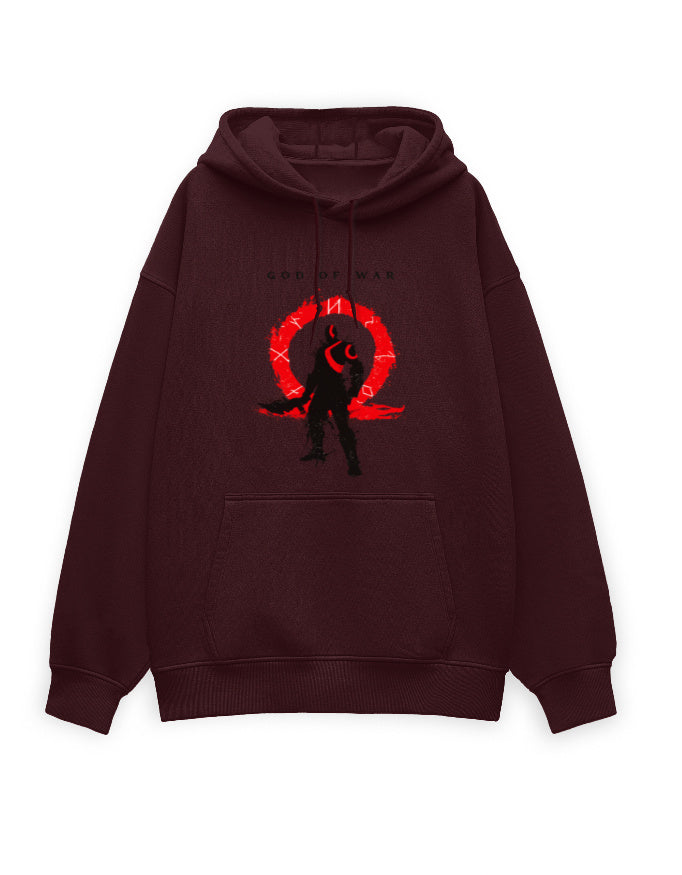 Another front angle of white oversized hoodie with warrior emblem graphic