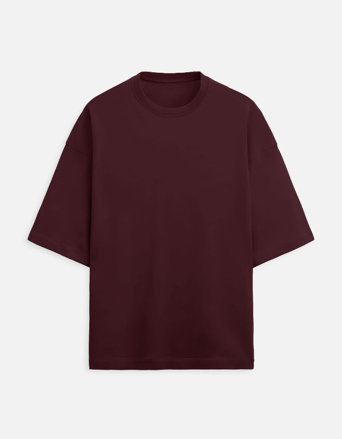 Plain maroon oversized terry tee, front view, no print