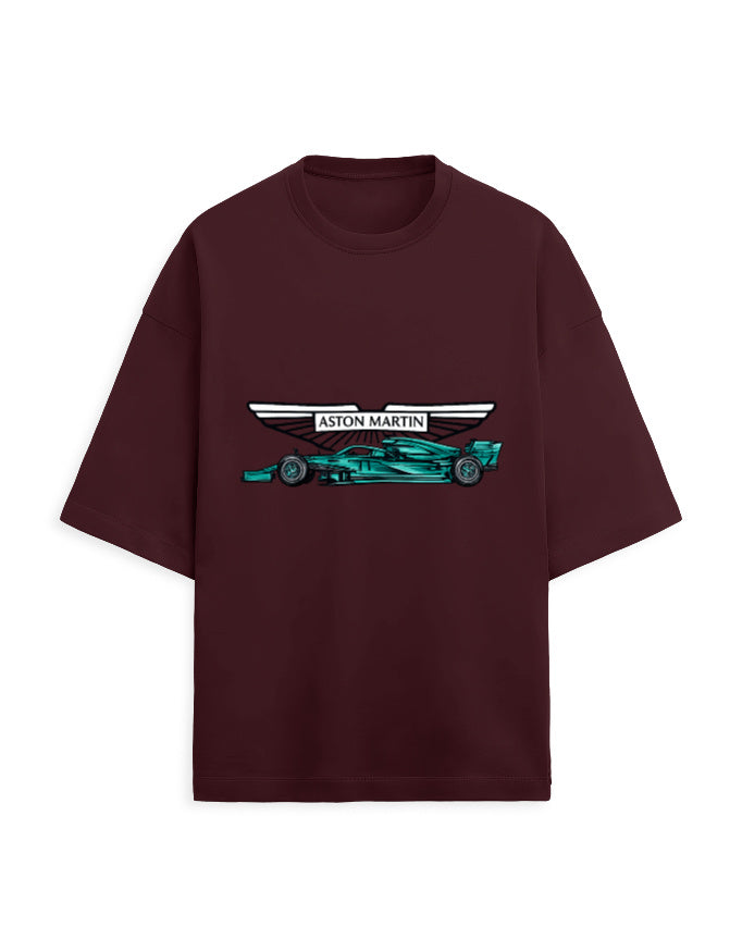 White oversized terry tee with a racing car graphic and winged emblem print on the chest, front view