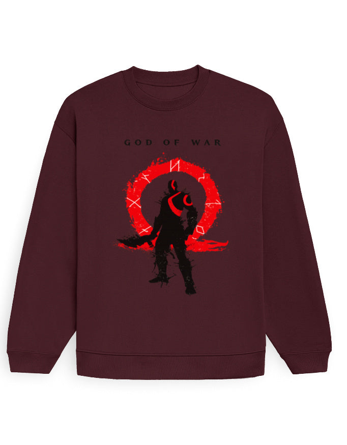 White oversized sweatshirt with red and black warrior emblem graphic on the chest (view 2)