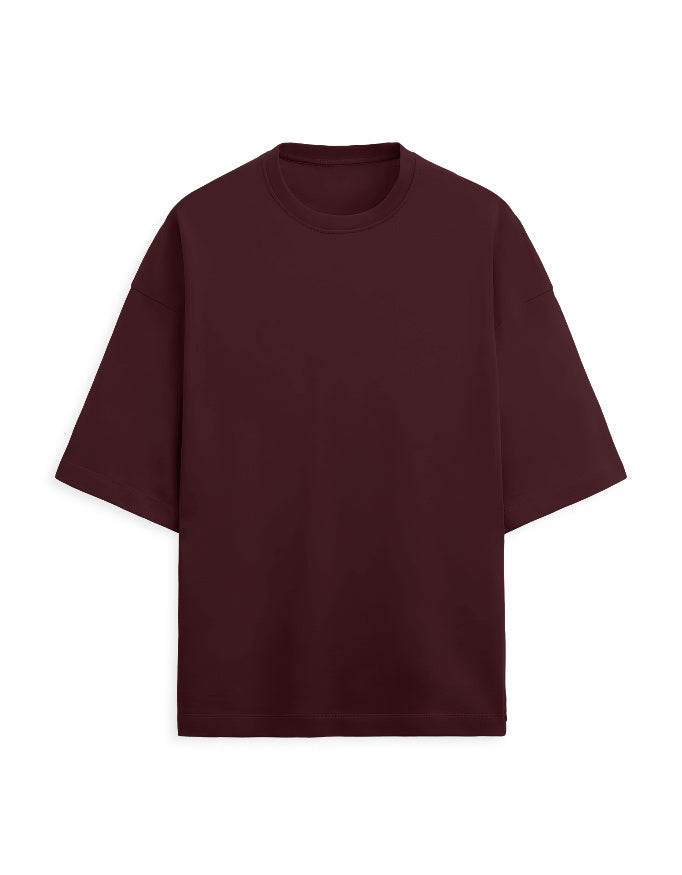 Plain maroon oversized terry tee, front view, no print