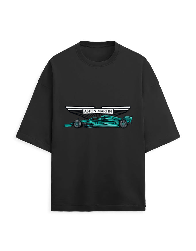 White oversized terry tee with a racing car graphic and winged emblem print on the chest, front view