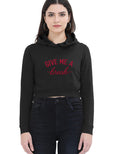 Front view of black cropped hoodie for women with red 'Give Me A Break' script graphic on the front