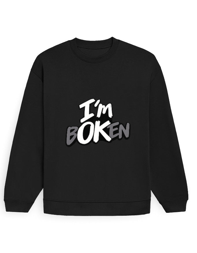 White oversized sweatshirt with graffiti-style 'I'm bOKen' text print on the chest (view 2)