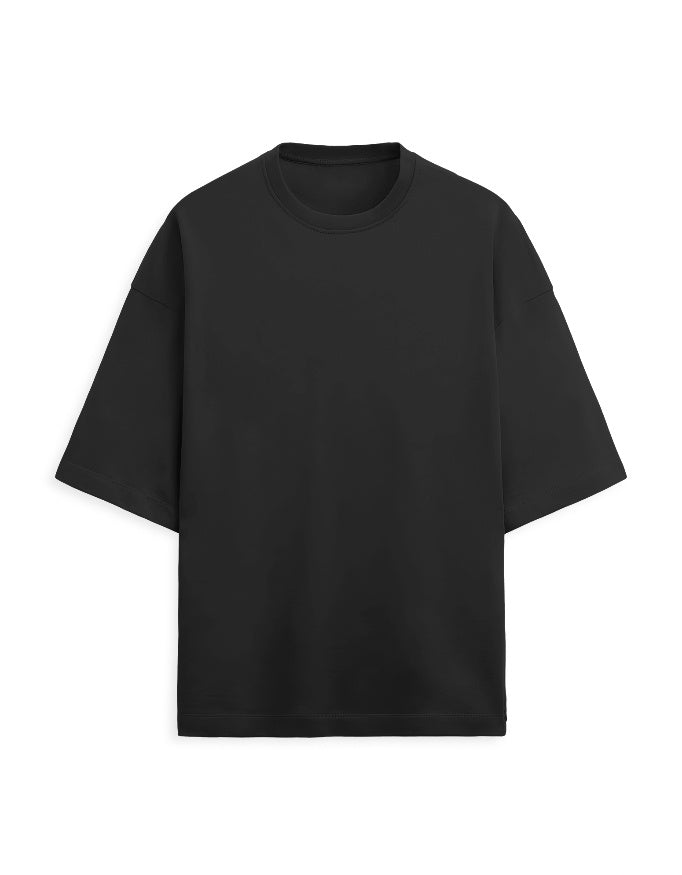 Plain black oversized terry tee, front view, no print