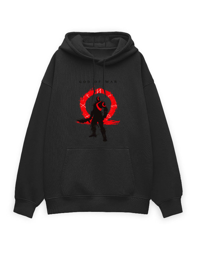 Close-up of warrior emblem graphic on white oversized hoodie