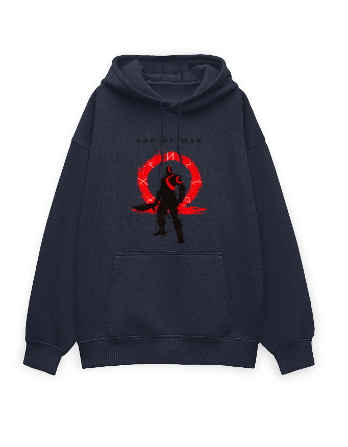 White oversized hoodie front view showing warrior silhouette and ring emblem print