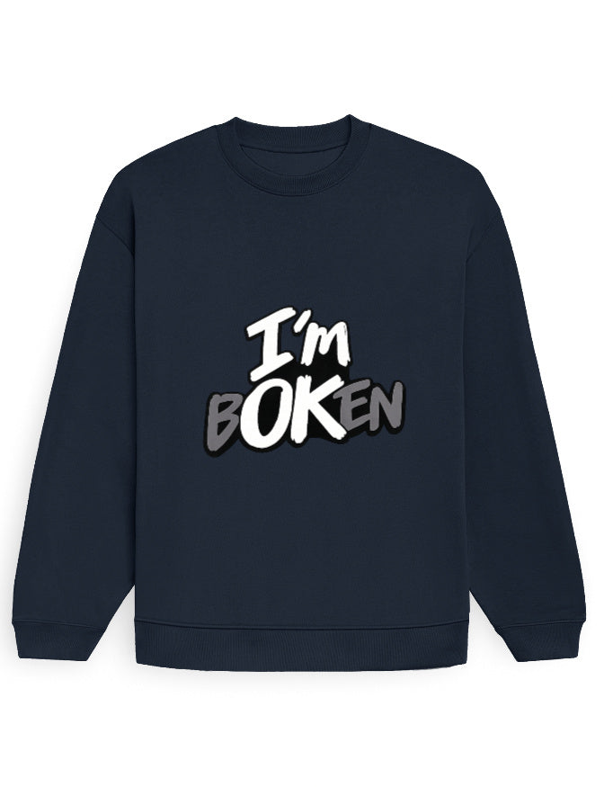 White oversized sweatshirt with graffiti-style 'I'm bOKen' text print on the chest (view 3)