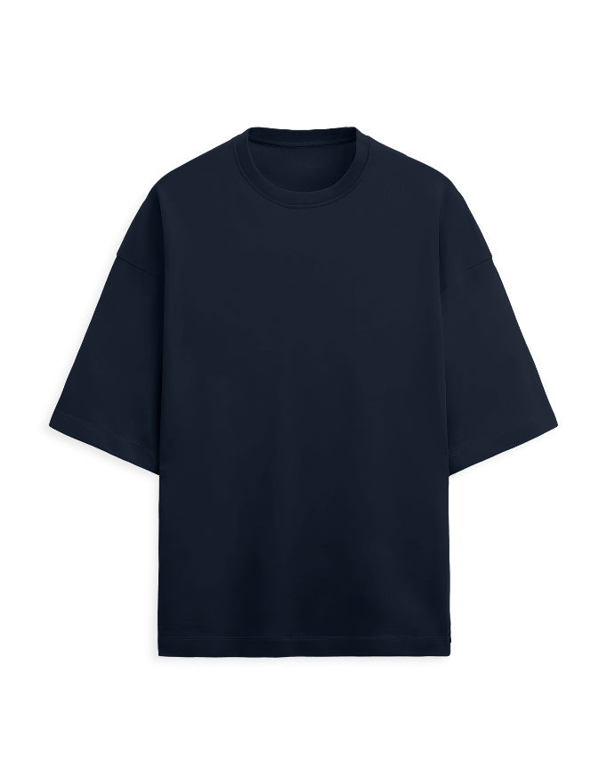 Plain navy blue oversized terry tee, front view, no print
