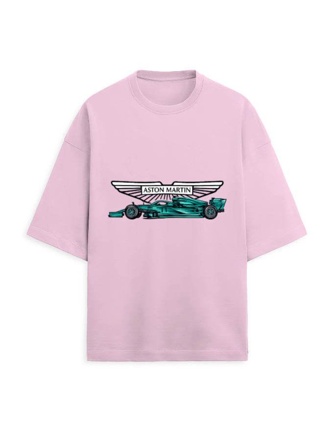 White oversized terry tee with a racing car graphic and winged emblem print on the chest, front view