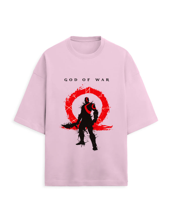 White oversized terry tee with a warrior silhouette inside a red circular emblem graphic print on the chest, front view