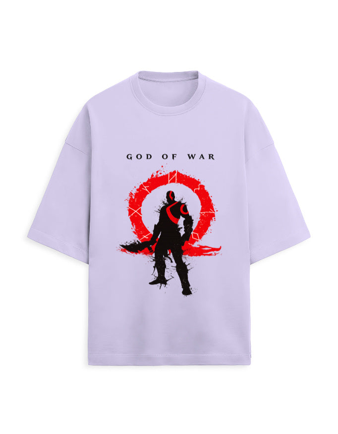 White oversized terry tee with a warrior silhouette inside a red circular emblem graphic print on the chest, front view