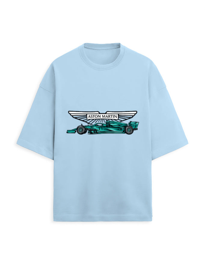 White oversized terry tee with a racing car graphic and winged emblem print on the chest, front view