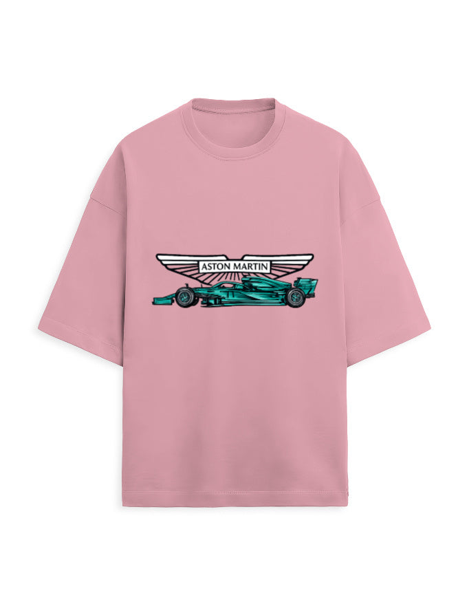 White oversized terry tee with a racing car graphic and winged emblem print on the chest, front view