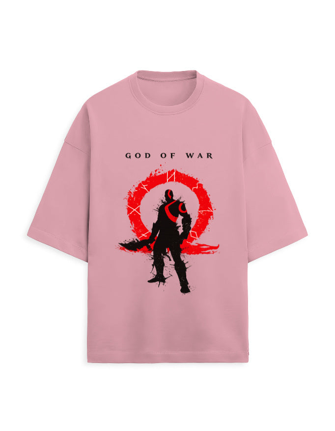 White oversized terry tee with a warrior silhouette inside a red circular emblem graphic print on the chest, front view