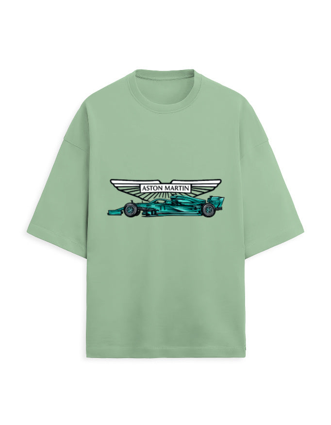 White oversized terry tee with a racing car graphic and winged emblem print on the chest, front view