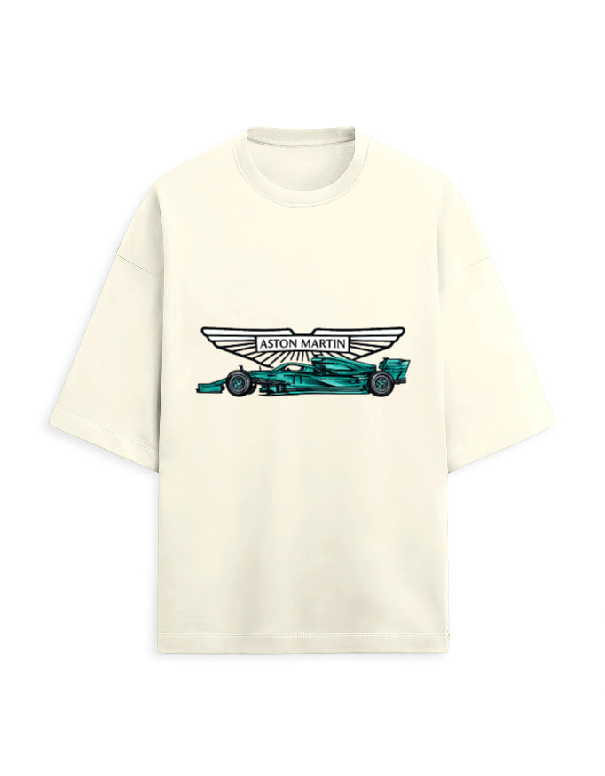 White oversized terry tee with a racing car graphic and winged emblem print on the chest, front view