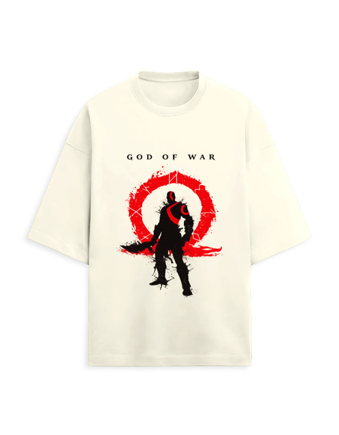 White oversized terry tee with a warrior silhouette inside a red circular emblem graphic print on the chest, front view