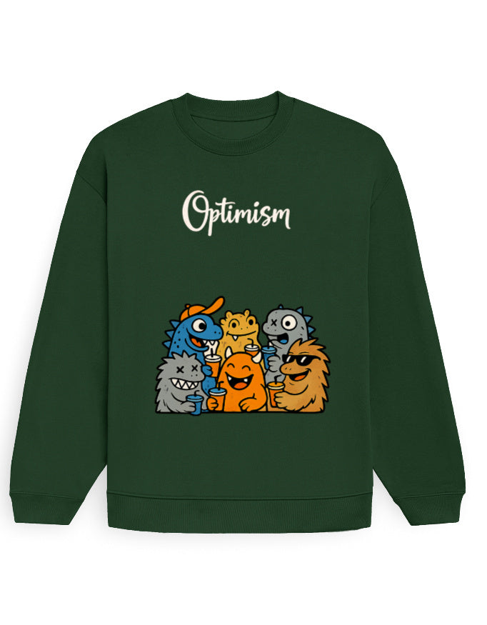 Front view of the Black oversized sweatshirt showing the full 'Optimism' monster squad print and oversized fit