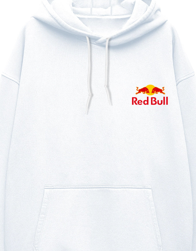 A small red-and-yellow bull emblem and wordmark logo printed on the left chest of a white unisex oversized hoodie.